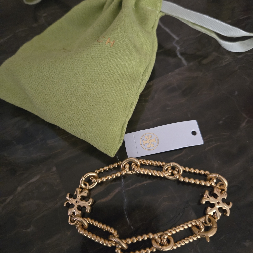 Tory Burch Gold Double-Strand Logo Chain Bracelet